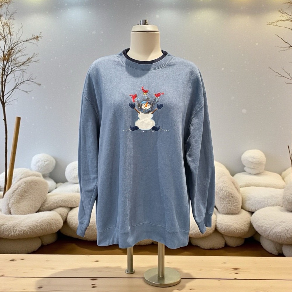 Vintage 90s Snowman Sweatshirt‎ Women's L Blue Embroidered M&C Sportswear